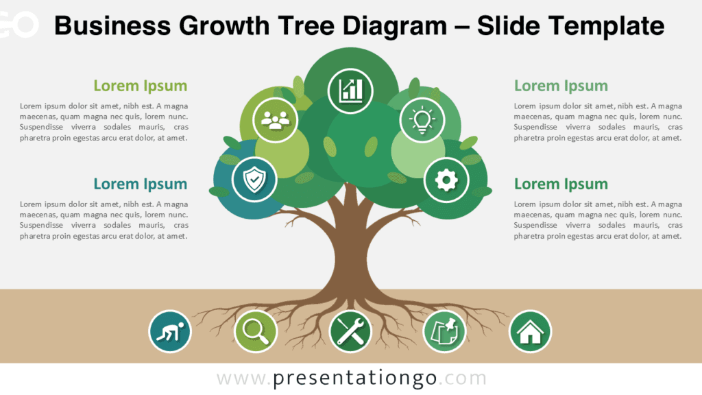 Business Growth Tree PowerPoint Google Slides Diagram Business Growth Tree Diagram for PowerPoint and Google Slides with editable icons, roots, text areas, and growth visuals.