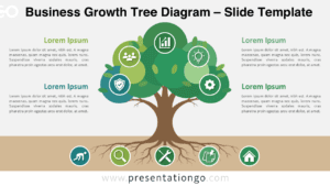 Business Growth Tree Diagram for PowerPoint and Google Slides with editable icons, roots, text areas, and growth visuals.