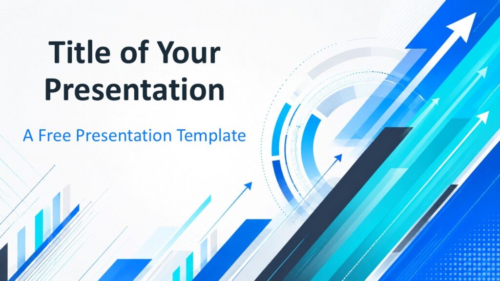 Business Momentum cover slide for PowerPoint and Google Slides with upward arrows, blue accents, and bold title space.