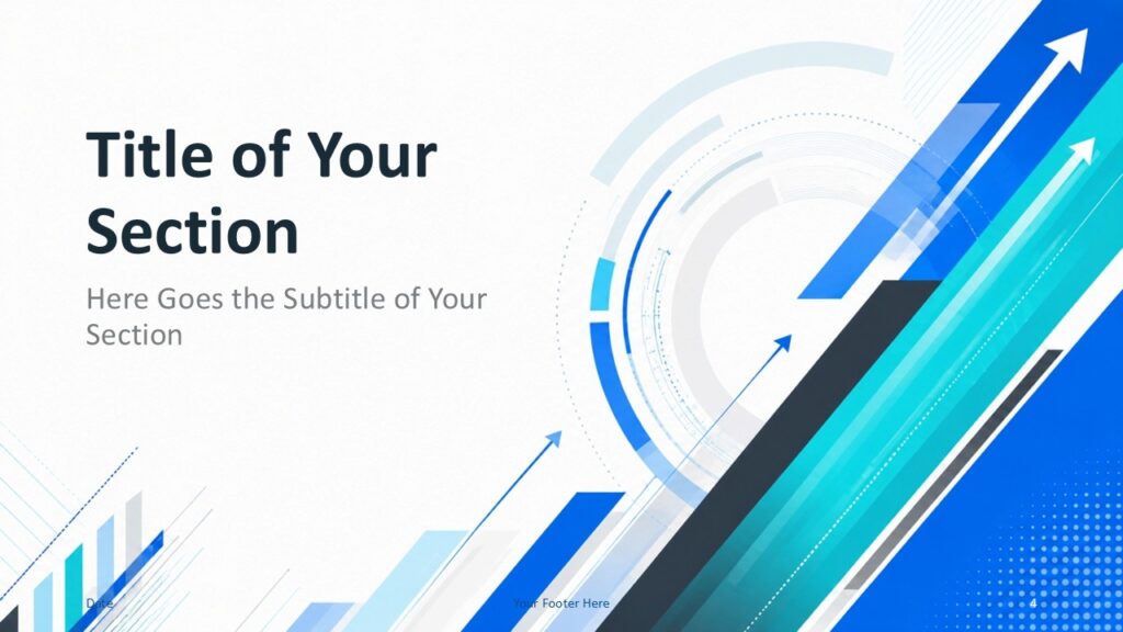 Business Momentum section divider for PowerPoint and Google Slides with bold text, blue arrows, and transition space.