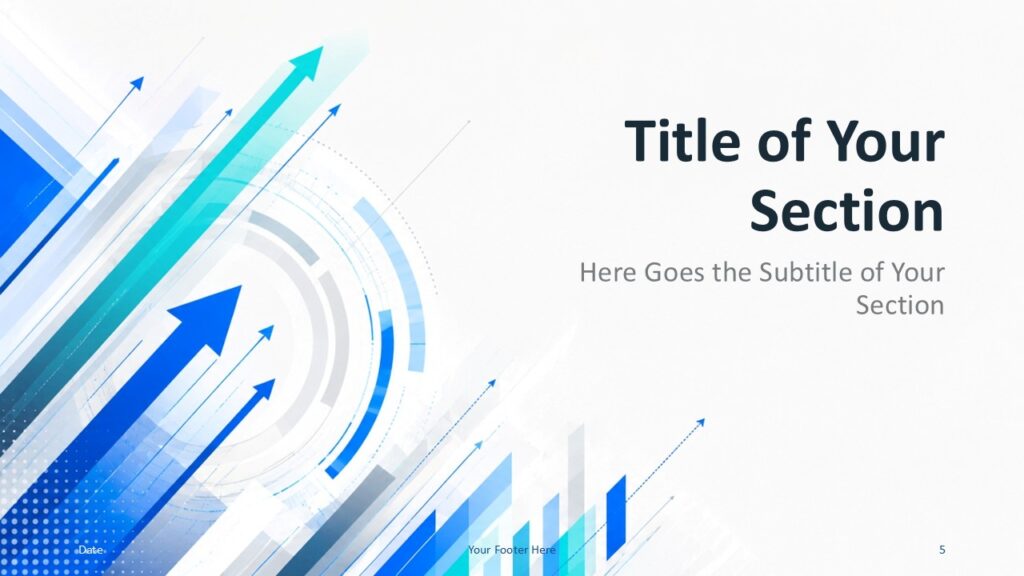 Business Momentum divider slide for PowerPoint and Google Slides with right title area, subtle charts, and upward arrows.