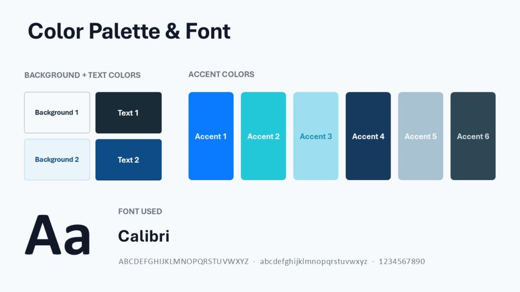 Business Momentum color palette slide for PowerPoint and Google Slides with blue accents, slate tones, and Calibri.
