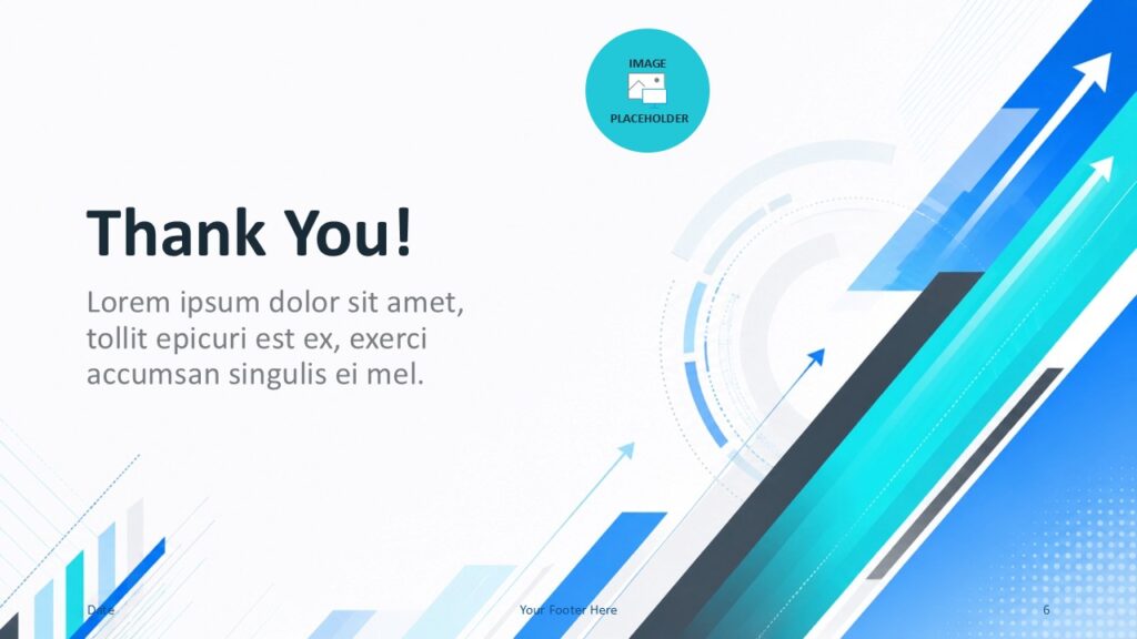 Business Momentum thank you slide for PowerPoint and Google Slides with closing message, blue arrows, and image space.
