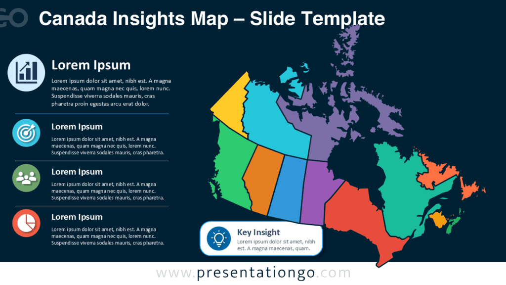 Canada Insights Map PowerPoint and Google Slides Layout Canada Insights Map slide for PowerPoint and Google Slides showing editable regional areas, Office icons, and insight blocks.