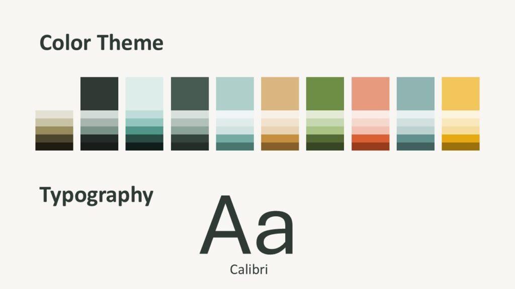 Classroom Whiteboard color palette and fonts slide for PowerPoint and Google Slides with soft greens, beige, coral, and teal.