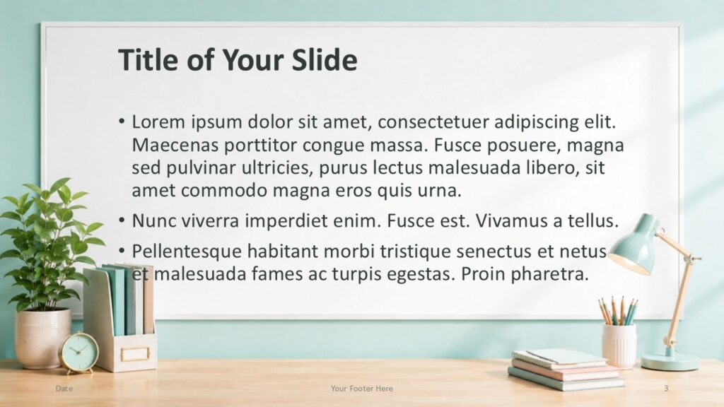 Classroom Whiteboard content slide for PowerPoint and Google Slides with larger text area, desk lamp, books, and plant decor.