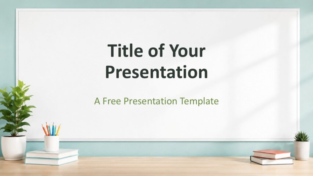 Classroom Whiteboard cover slide for PowerPoint and Google Slides with desk decor, plants, books, and a central title.