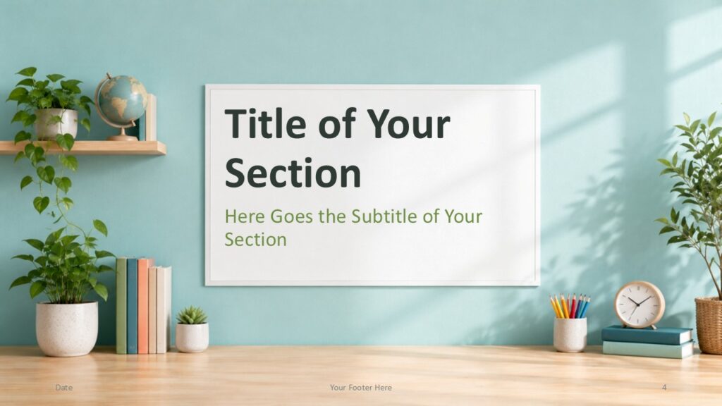 Classroom Whiteboard section slide for PowerPoint and Google Slides with framed title card, shelf, globe, plants, and books.