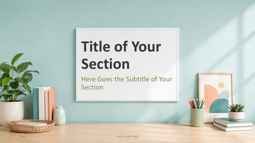 Classroom Whiteboard section slide for PowerPoint and Google Slides with title panel, pastel artwork, plants, and books.