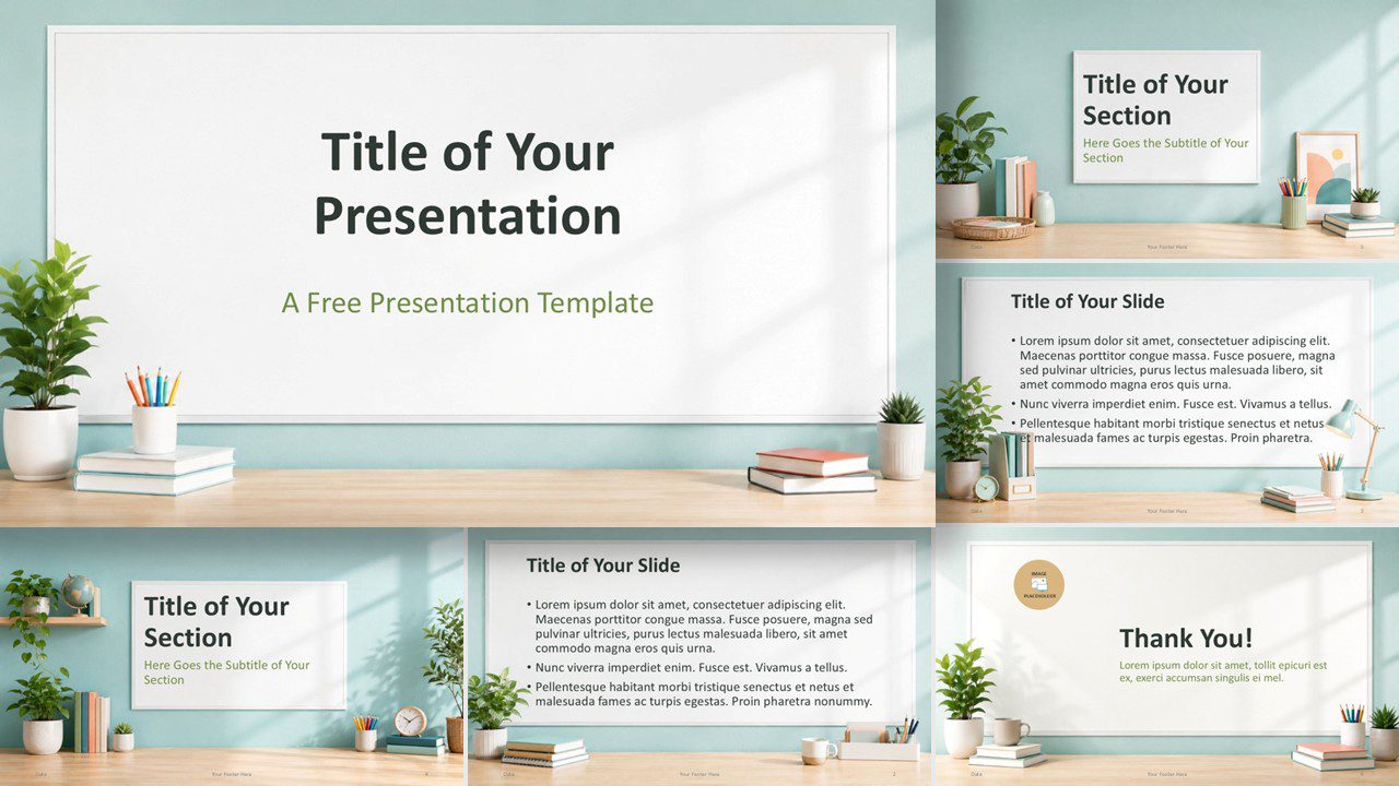 Classroom Whiteboard Template preview for PowerPoint and Google Slides, showing all slides with classroom scenes.