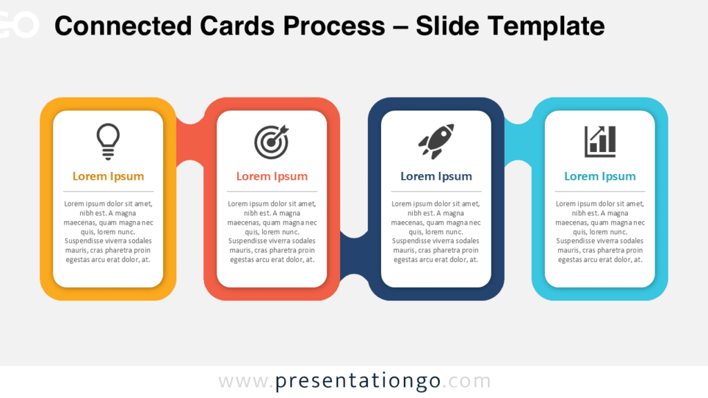 Connected Cards Process for PowerPoint and Google Slides Connected Cards Process diagram for PowerPoint and Google Slides showing four linked cards with editable Office icons.
