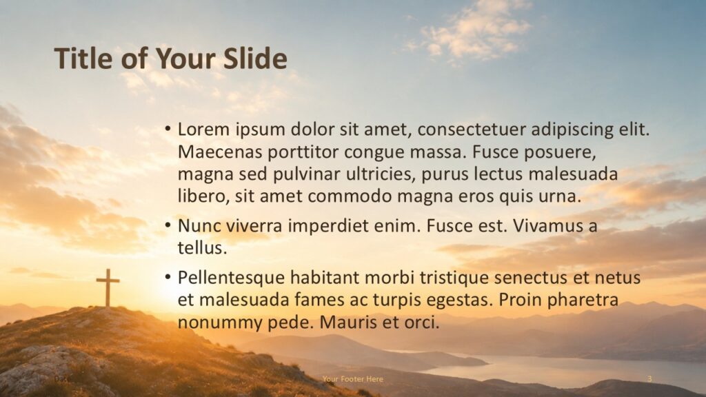 Cross of Hope PowerPoint Google Slides Content 2 Cross of Hope PowerPoint and Google Slides content layout with left cross image, centered text, and serene sunrise colors.