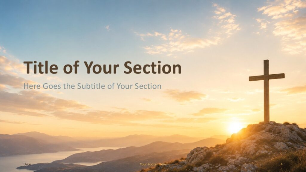 Cross of Hope PowerPoint Google Slides Divider 1 Cross of Hope section divider for PowerPoint and Google Slides with large heading, cross landscape, and warm golden tones.
