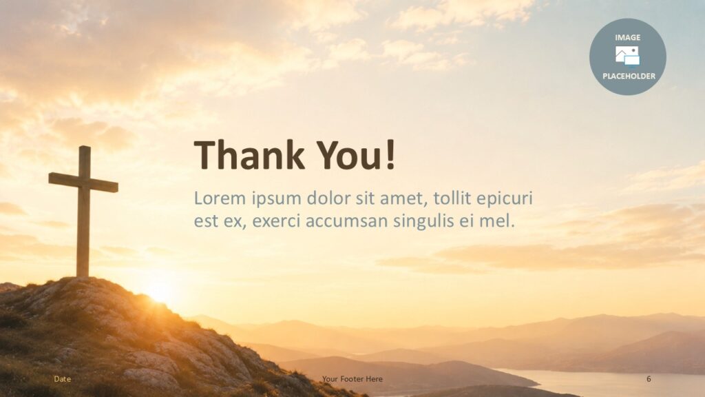 Cross of Hope PowerPoint Google Slides Thank You Cross of Hope thank you slide for PowerPoint and Google Slides with closing message, photo circle, and warm spiritual tone.