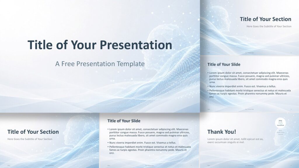 Digital Mind PowerPoint and Google Slides template with soft AI visuals, blue waves, and editable tech layouts.