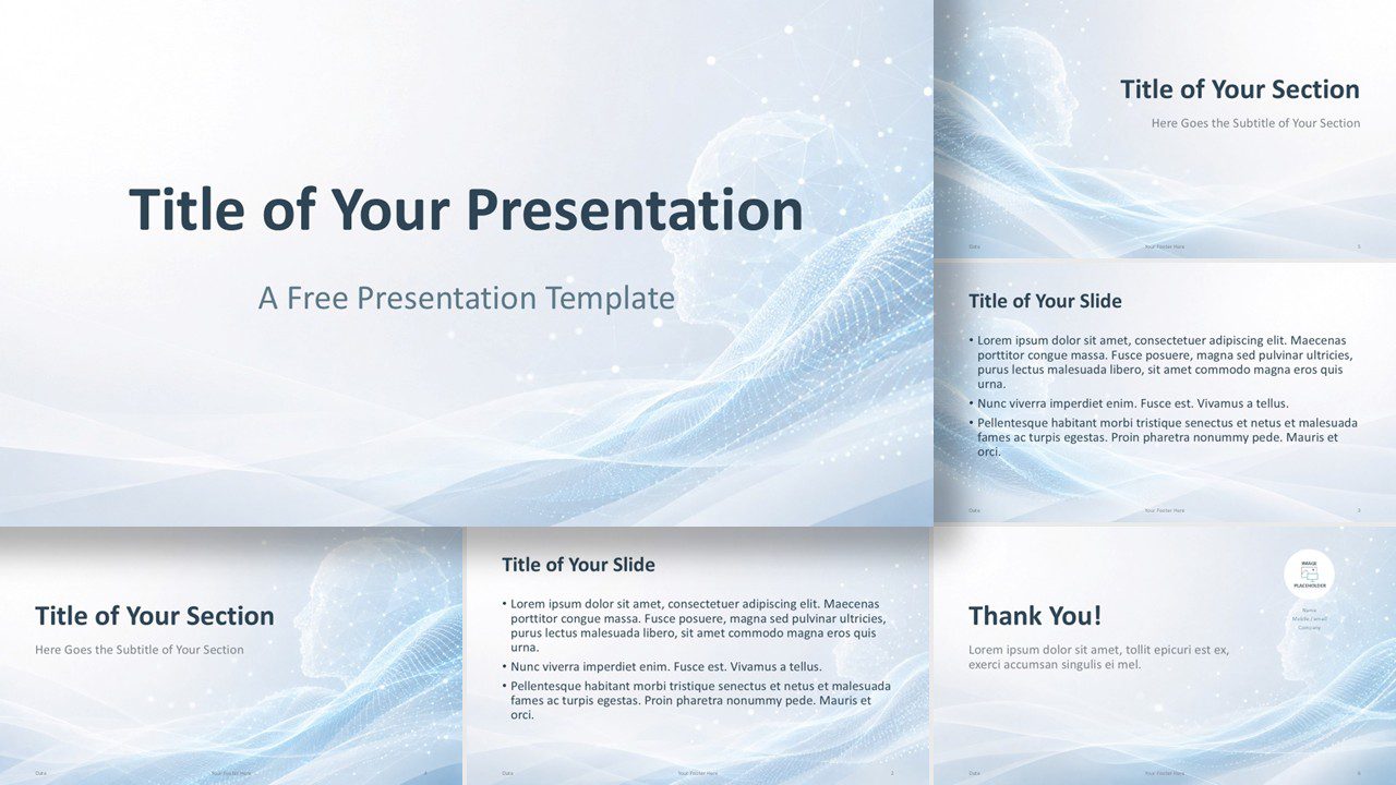 Digital Mind PowerPoint and Google Slides template with soft AI visuals, blue waves, and editable tech layouts.