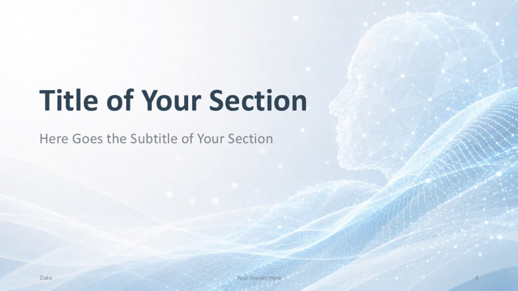 Digital Mind section divider for PowerPoint and Google Slides with large title area, blue AI profile, and soft waves.