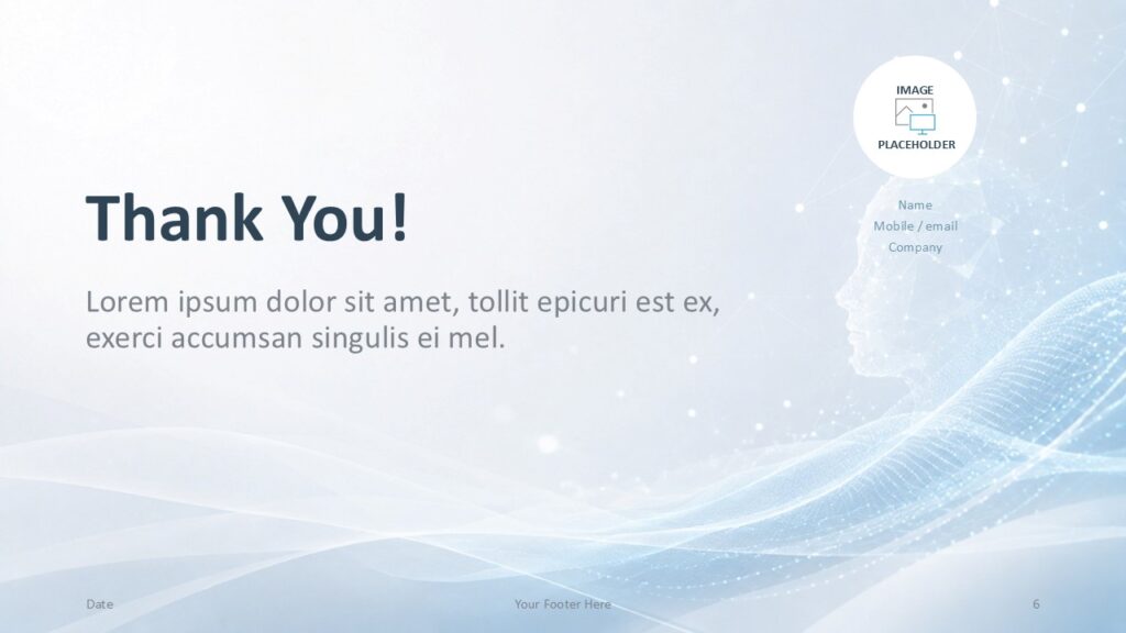 Digital Mind thank you slide for PowerPoint and Google Slides with contact placeholder, blue tech visuals, and closing text.