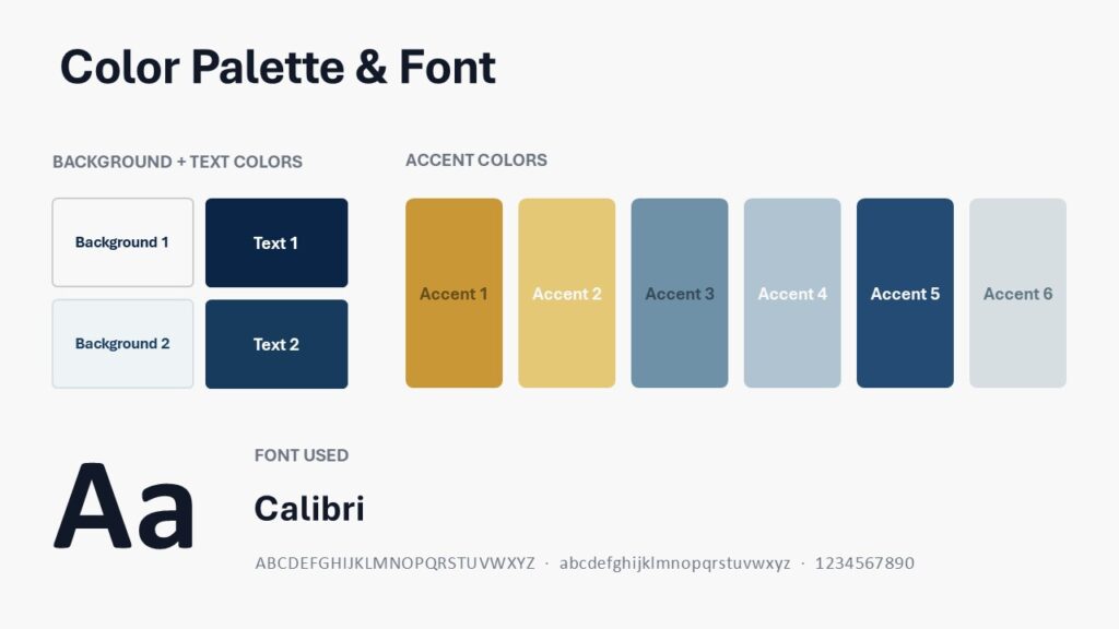 Executive Skyline color palette slide for PowerPoint and Google Slides with custom colors, Calibri font, and brand style.