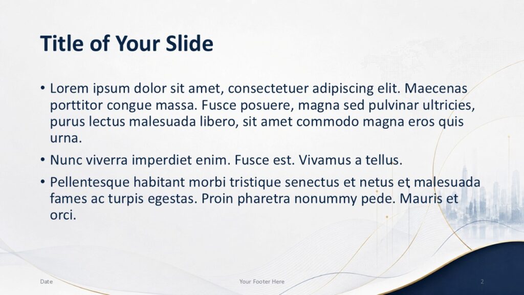 Executive Skyline content slide for PowerPoint and Google Slides with bullet text, clean layout, and subtle city graphics.