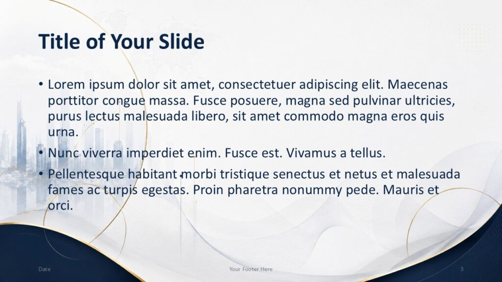 Executive Skyline content slide for PowerPoint and Google Slides with left skyline accent, waves, and clear text hierarchy.