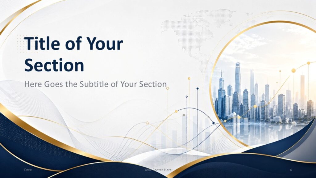 Executive Skyline section divider for PowerPoint and Google Slides with city frame, gold curves, and strategic title layout.