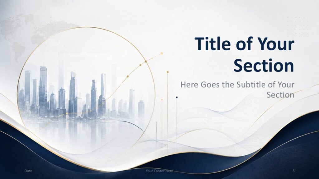 Executive Skyline section divider for PowerPoint and Google Slides with mirrored city image, navy waves, and gold lines.