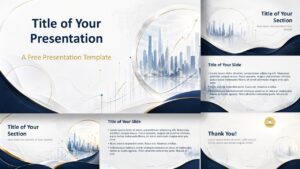 Executive Skyline template preview for PowerPoint and Google Slides with business layouts, city visuals, and gold accents.