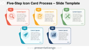 Five-Step Icon Card Process diagram for PowerPoint and Google Slides with numbered cards, Office icons, and editable text.