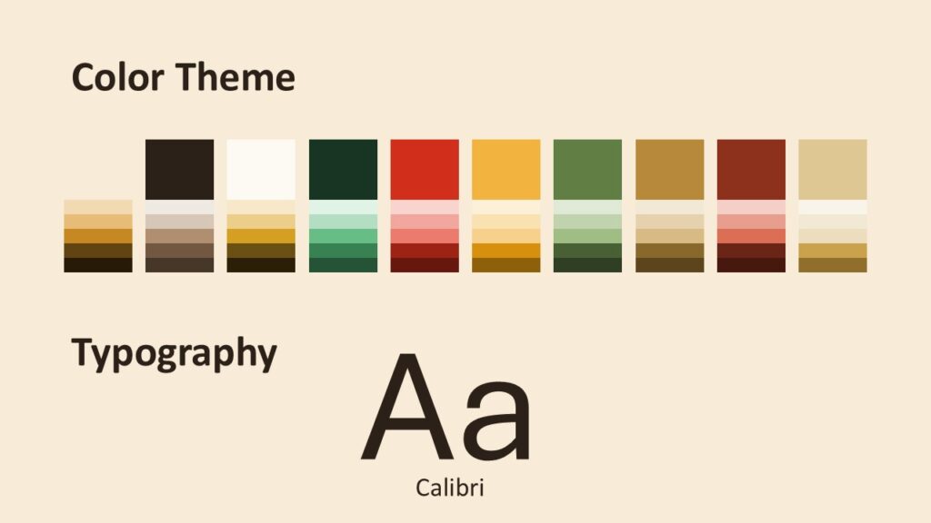 Freedom Brush color palette and fonts slide for PowerPoint and Google Slides with Calibri and matching theme colors.