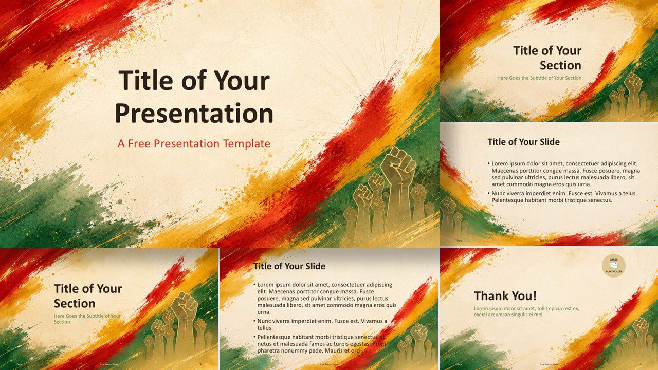 Freedom Brush PowerPoint and Google Slides template showing all slides with painted textures and cultural layouts.
