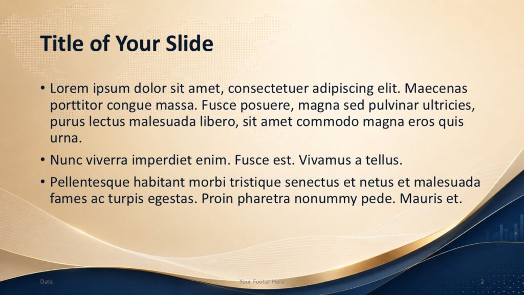 Global Finance content slide for PowerPoint and Google Slides with bullet text, world map texture, and elegant wave footer