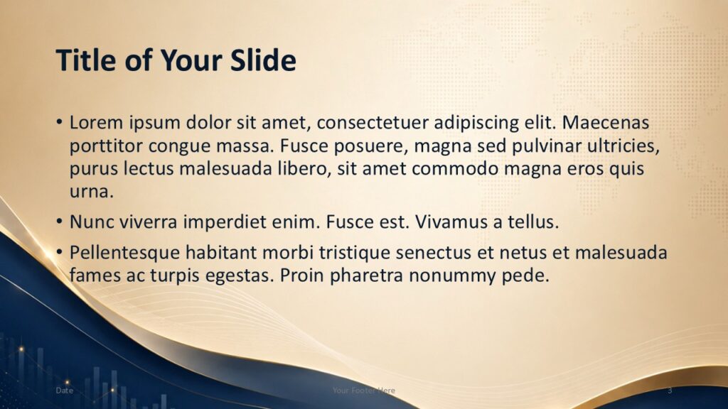 Global Finance text layout for PowerPoint and Google Slides with large headline, wide content area, and dynamic navy waves