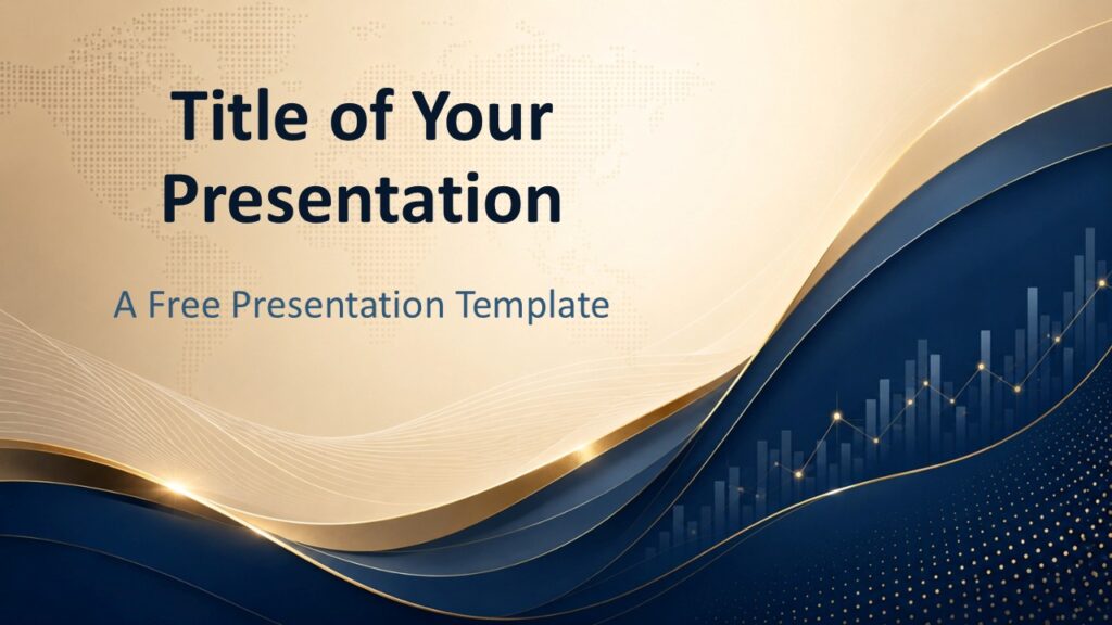 Global Finance cover slide for PowerPoint and Google Slides with premium navy waves, gold curves, and a market growth chart