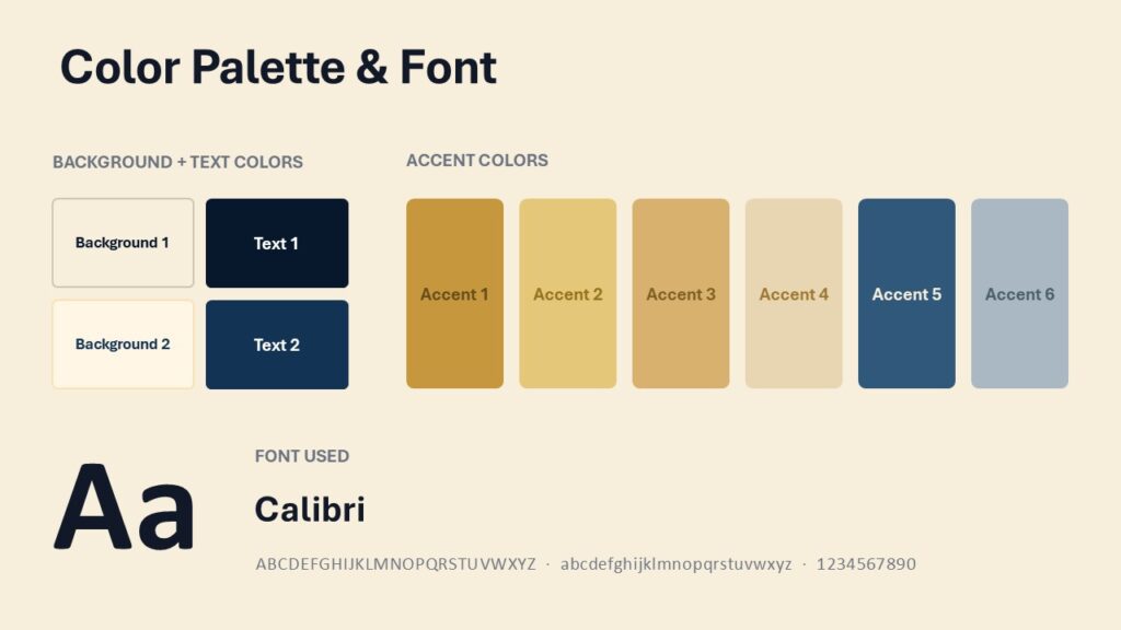 Global Finance color palette for PowerPoint and Google Slides with gold, champagne, steel blue, and silver gray tones
