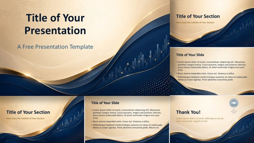 Global Finance template for PowerPoint and Google Slides showing all slides with navy waves, gold accents, and market visuals