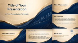 Global Finance template for PowerPoint and Google Slides showing all slides with navy waves, gold accents, and market visuals