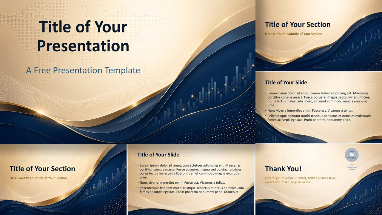Global Finance template for PowerPoint and Google Slides showing all slides with navy waves, gold accents, and market visuals