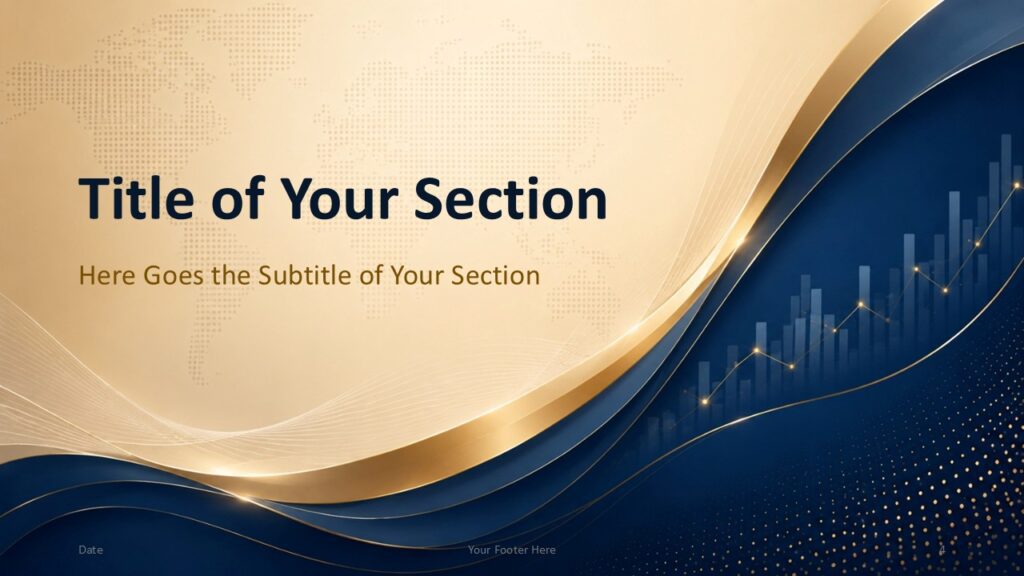 Global Finance section divider for PowerPoint and Google Slides with global map texture, gold subtitle, and market chart