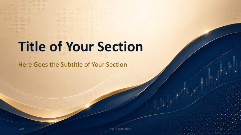 Global Finance section slide for PowerPoint and Google Slides with spacious title area, gold text, and rising chart visuals