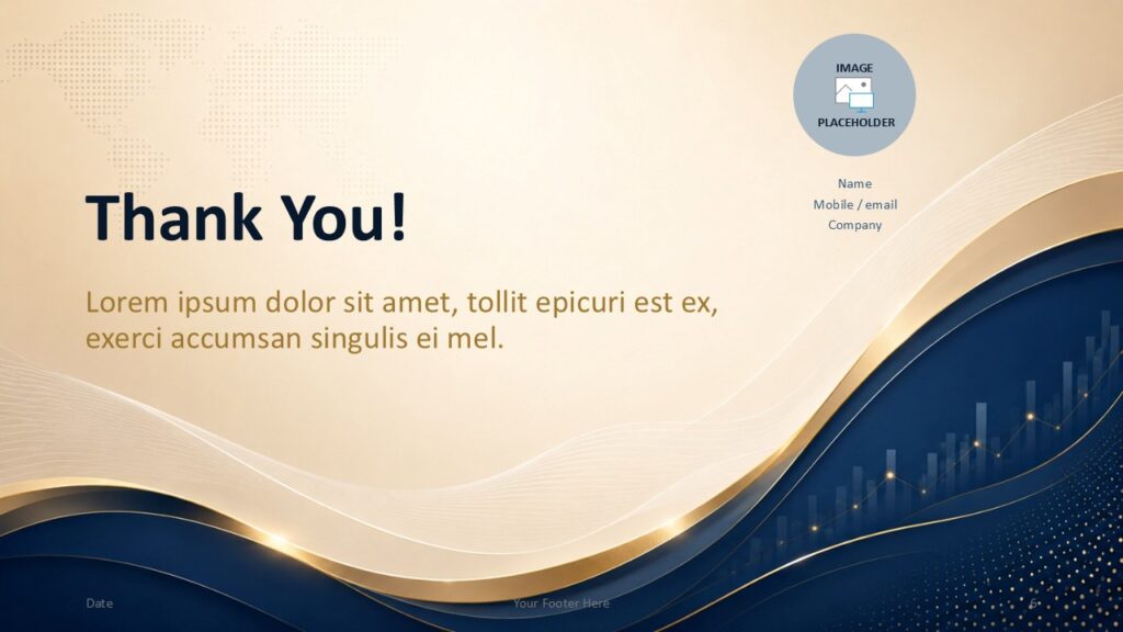 Global Finance thank you slide for PowerPoint and Google Slides with closing message, image placeholder, and wave design