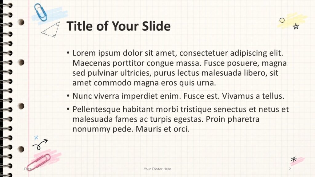Grid Notebook PowerPoint and Google Slides content layout with clear title, bullet text, paper grid, and school sketches.