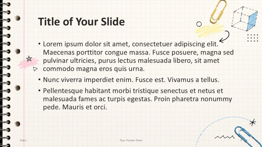 Grid Notebook PowerPoint and Google Slides title content slide with pastel accents, sketch shapes, and editable bullet text.