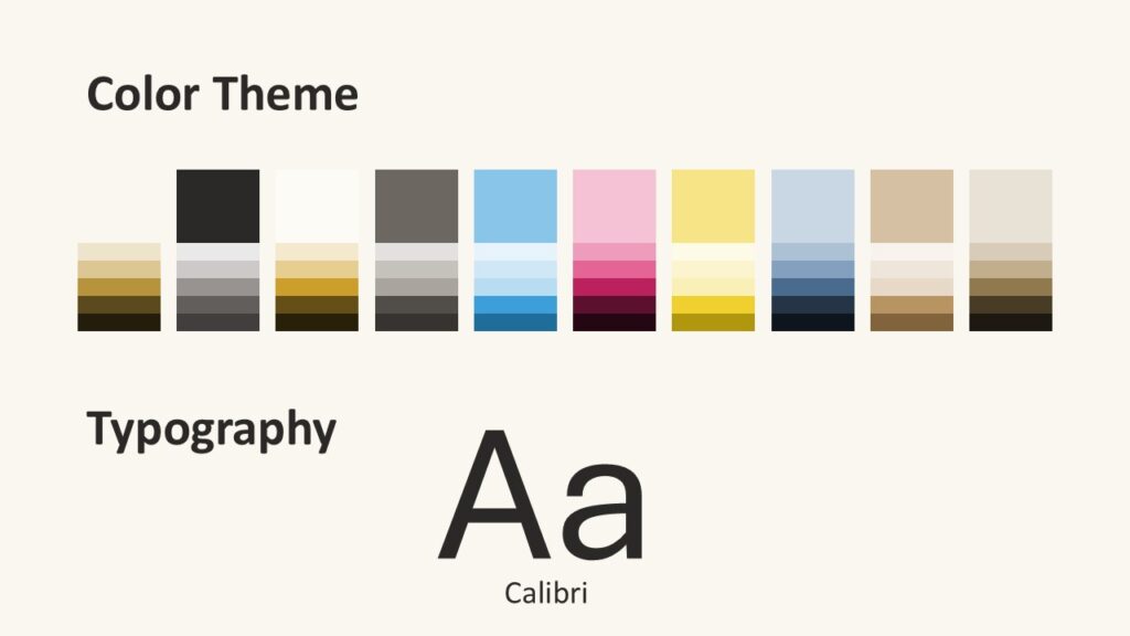 Grid Notebook palette and fonts slide for PowerPoint and Google Slides with custom colors, Calibri type, and accents.