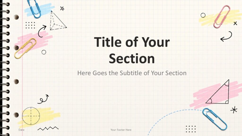 Grid Notebook section divider for PowerPoint and Google Slides with centered title, subtitle, grid paper, and doodle accents.