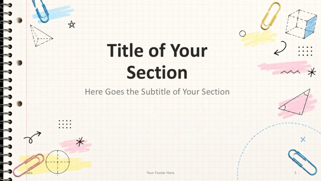Grid Notebook PowerPoint and Google Slides section slide with large title, subtitle, playful sketches, and pastel notes.