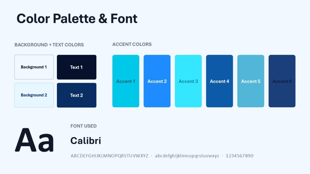 Growth Analytics color palette and font slide for PowerPoint and Google Slides with cyan and navy branding tones.