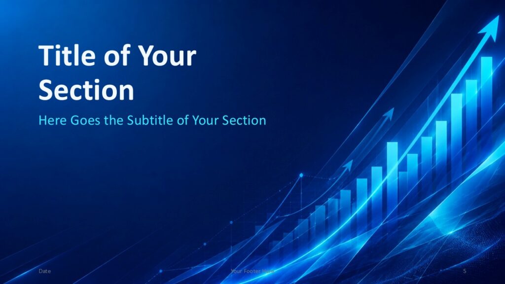 Growth Analytics section slide for PowerPoint and Google Slides with glowing bars, arrows, and blue data motion.