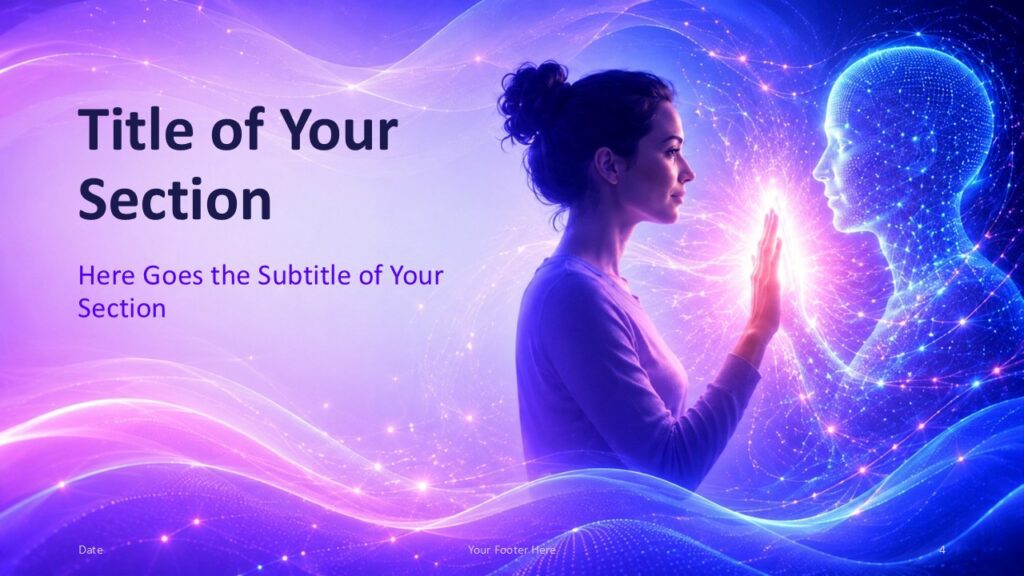 Human AI Connection section divider for PowerPoint and Google Slides with large title space and luminous AI scene.