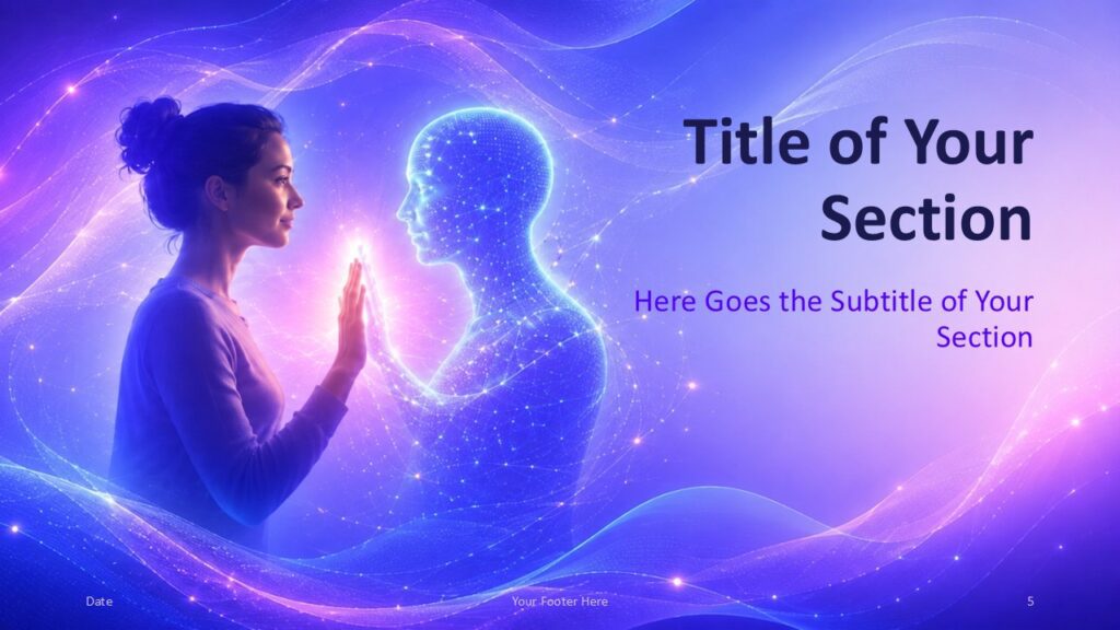 Human AI Connection PowerPoint and Google Slides section slide with centered title area and immersive AI interaction.